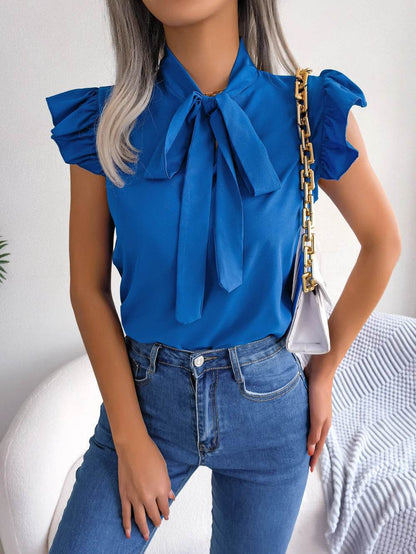 Buy Center Women’s Summer Chiffon Blouse - Bow Ruffle Short Sleeve - Buy Center UK