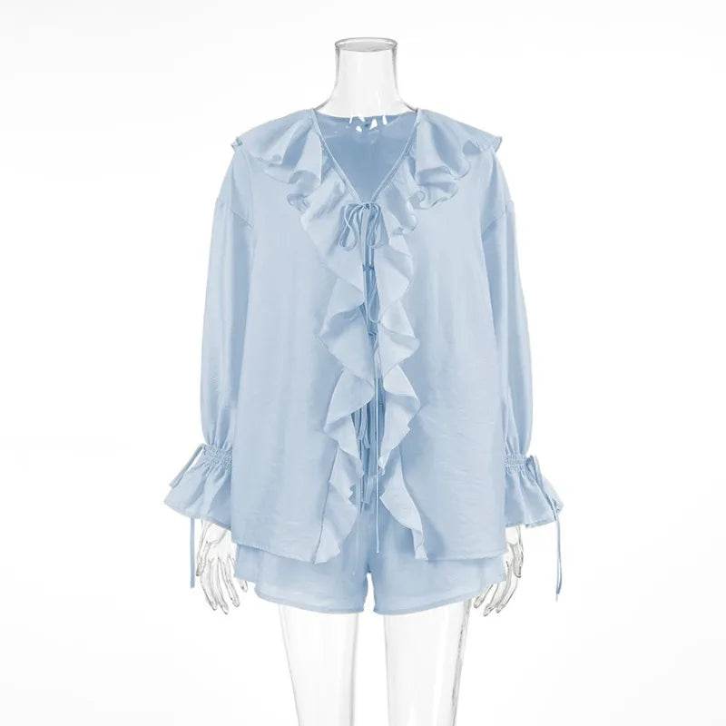 Tuularose Women's Casual Shorts Set - Ruffled Tie Top & Comfort Fit - Buy Center UK