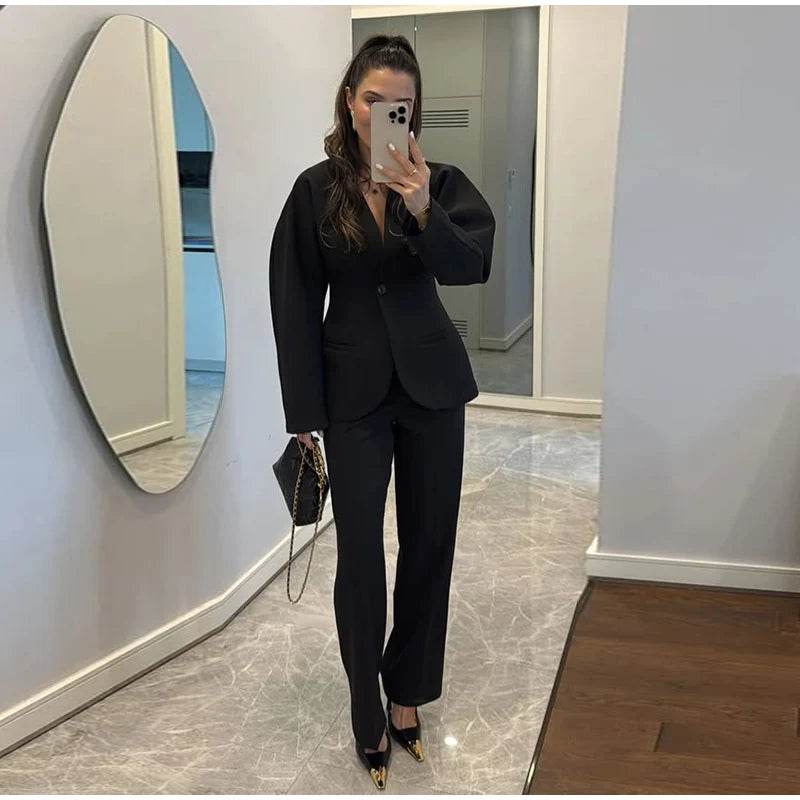 Elegant Blazer Pants Set for Women - Deep V-neck, Shoulder Pads - Buy Center UK