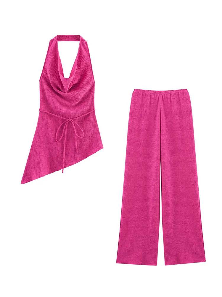 TFMLN Women Pant Sets - Asymmetrical Hem Lace-Up Top & Straight Pants - Buy Center UK