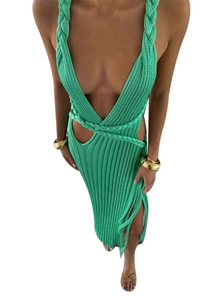 Buy Center Sexy Knit Backless Long Dress - Ribbed Hollow V-neck - Buy Center UK