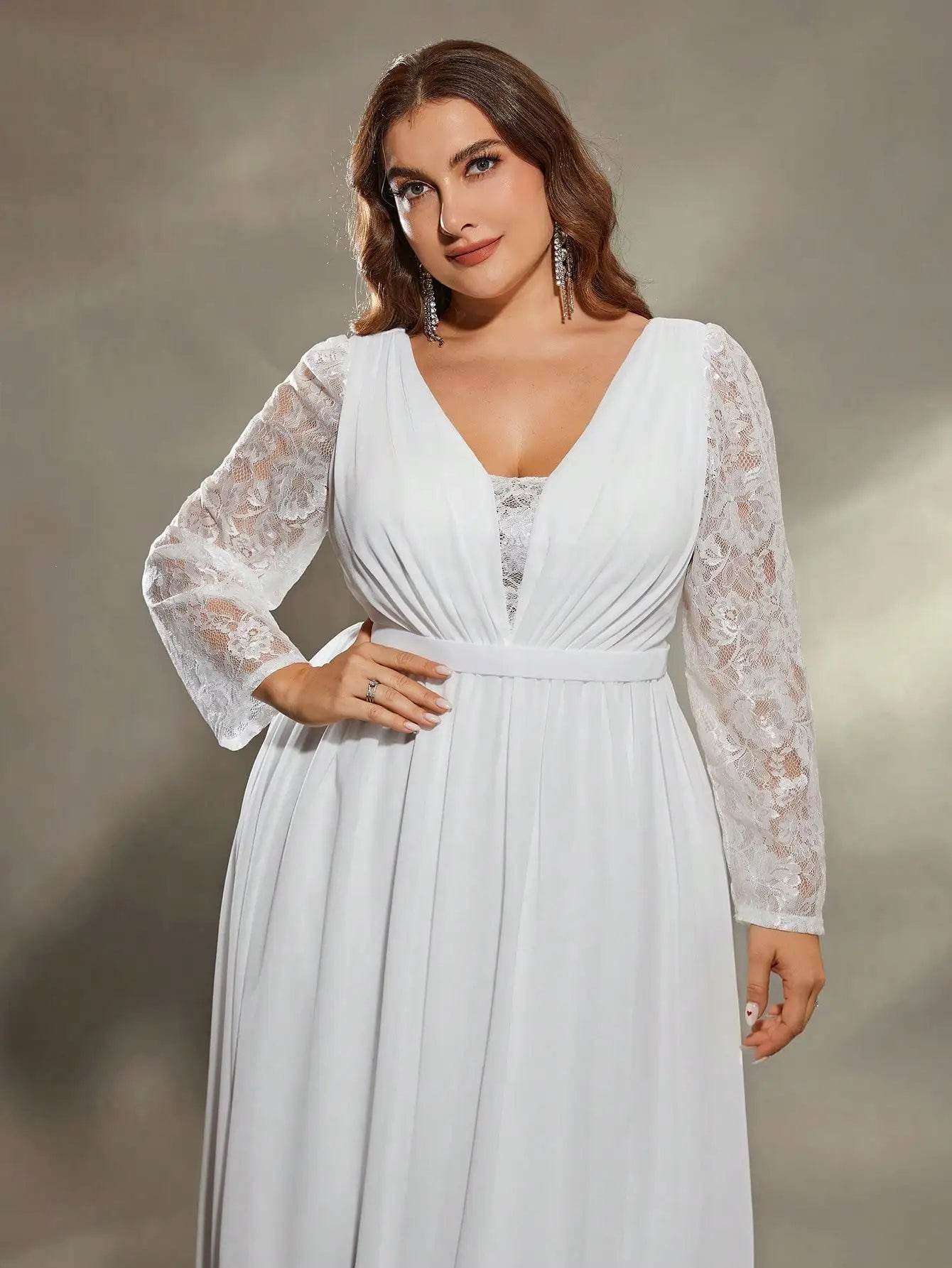 Mgiacy Plus Size Deep V Lace Evening Gown - Full Skirt Elegance - Buy Center UK