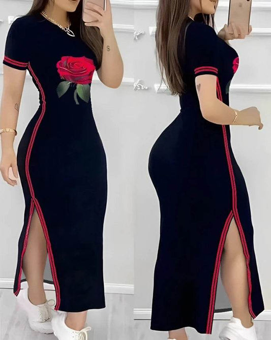 Buy Center Women's Summer A-Line Dress - Striped Rose Print & Side Slit - Buy Center UK