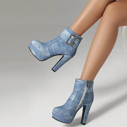 ENMAYER Women's Denim Platform Ankle Boots - Ultra-High Thick Heels - Buy Center UK