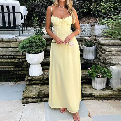 Ladies Lace-Up Solid Slip Dress - Elegant A-Line for Summer - Buy Center UK