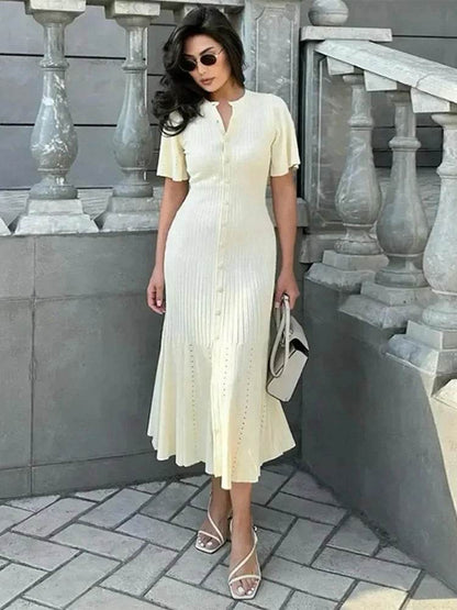 Elegant Knit Solid Women's Dress - High Waist, Short Sleeve O Neck - Buy Center UK