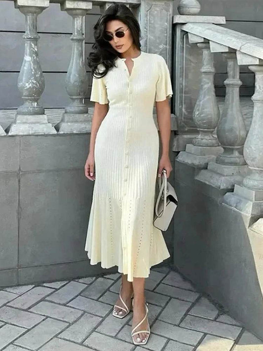 Elegant Knit Solid Women's Dress - High Waist, Short Sleeve O Neck - Buy Center UK