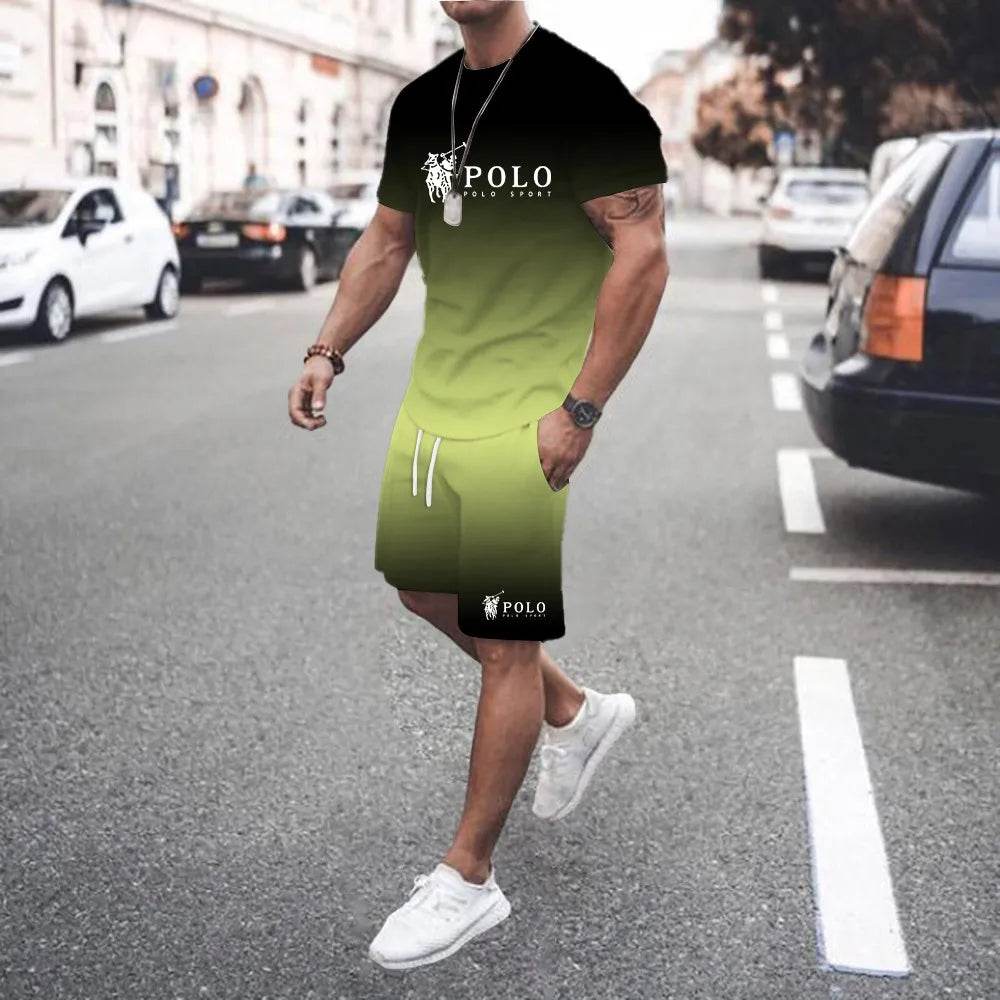 Trendy 3D Gradient Letter Print T-Shirt and Shorts Set for Men - Buy Center UK