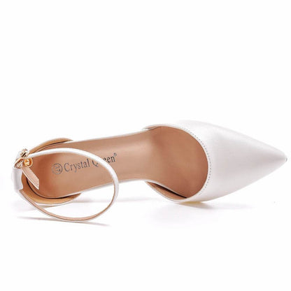 Crystal Queen White High Heels - Pointed Toe, Buckle Strap Pumps - Buy Center UK