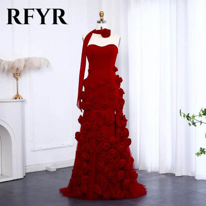 RFYR Pink Mermaid Prom Dress - 3D Flower Design, Side Slit Gown - Buy Center UK