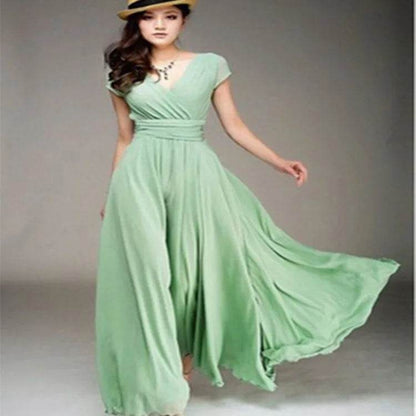 Elegant Women's Short-Sleeved Chiffon Dress - Floor-Length Bohemian Style - Buy Center UK