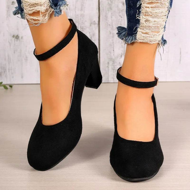 Buy Center Women's Black Suede Pumps - Buckle, Thick Heels, Casual Style - Buy Center UK