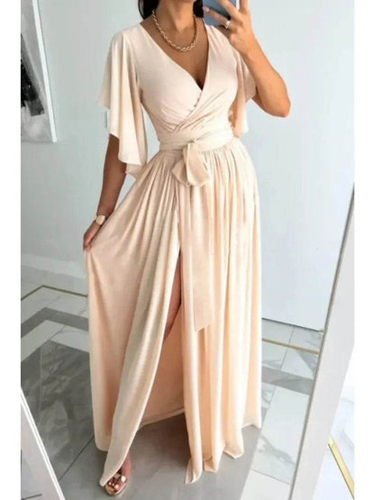 Buy Center Women's Flare Sleeve V-Neck Dress - Casual Floor Slit Style - Buy Center UK
