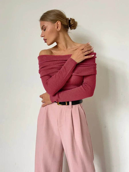 Wolfeel Women's Off Shoulder Wool T-shirt - Chic & Cozy Sweater - Buy Center UK
