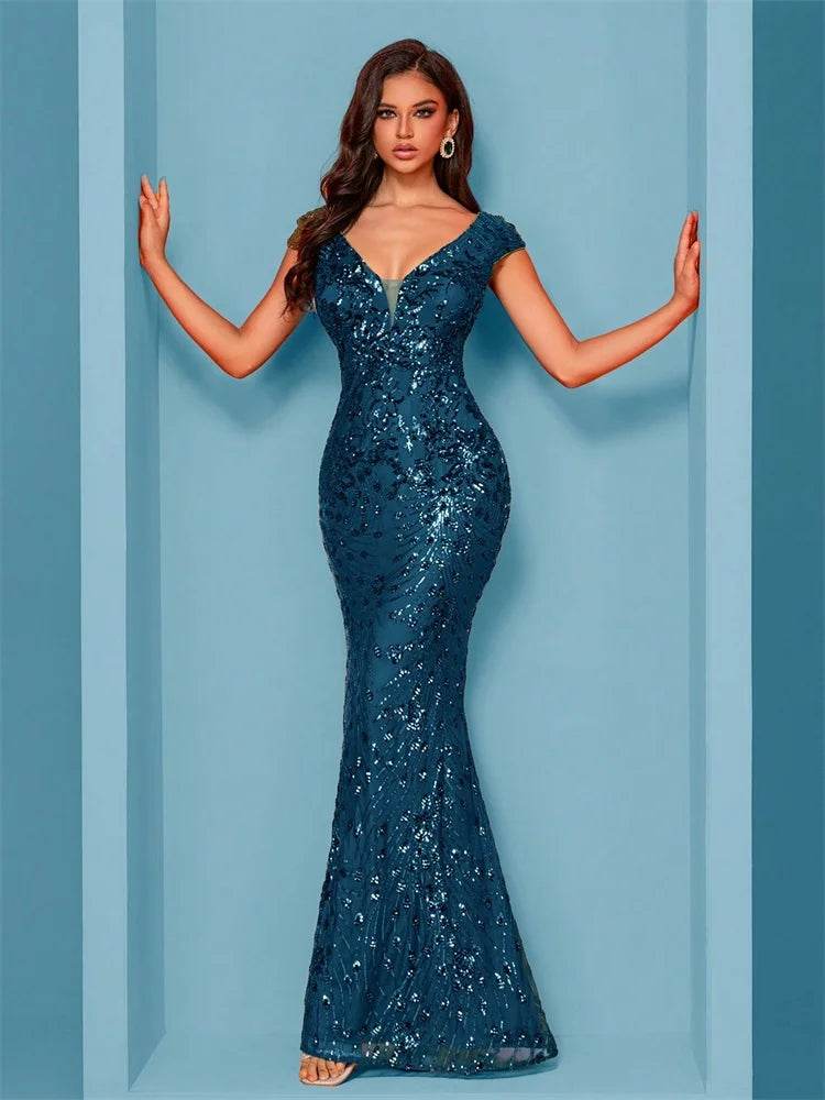 Elegant Blue Mermaid Evening Dress - Luxury Sequined Formal Gown - Buy Center UK