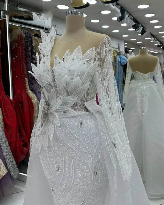 White Mermaid Evening Dress with Detachable Train - Beaded Elegance - Buy Center UK