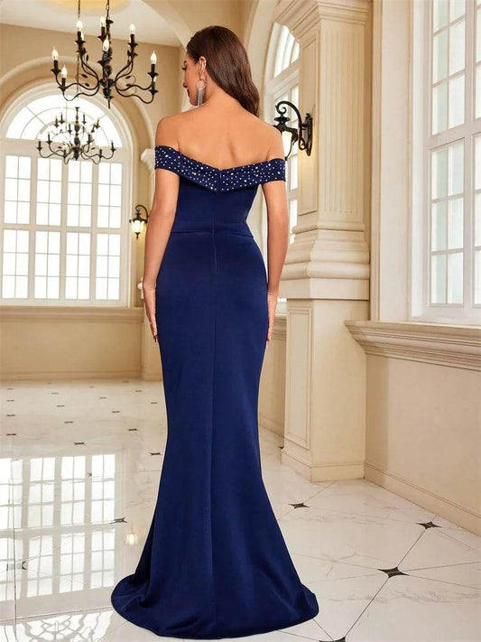Plus Size Off-Shoulder V-Neck Evening Dress - Elegant Sequins Maxi - Buy Center UK