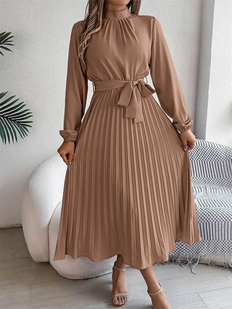 Msfilia Elegant Stand Collar Dress - Full Sleeve High Waist Design - Buy Center UK