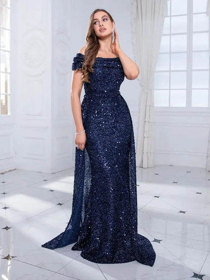 Romagic Navy Blue Mermaid Gown - Off Shoulder Sequin Dress 2025 - Buy Center UK