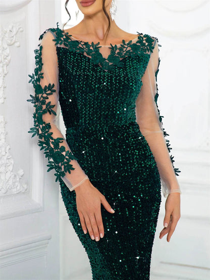 Elegant Lace Sequined Velvet Evening Dress - Backless Full Sleeves - Buy Center UK
