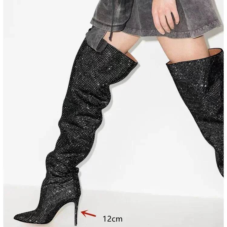 Buy Center Knee-Length Rhinestone Boots - Sexy Slim High Heels - Buy Center UK