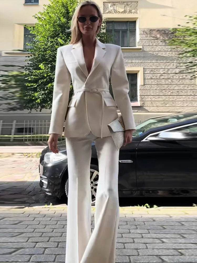 Women's Blazer Suit Trouser Set - High Waist Pants & Lace-Up Coat - Buy Center UK