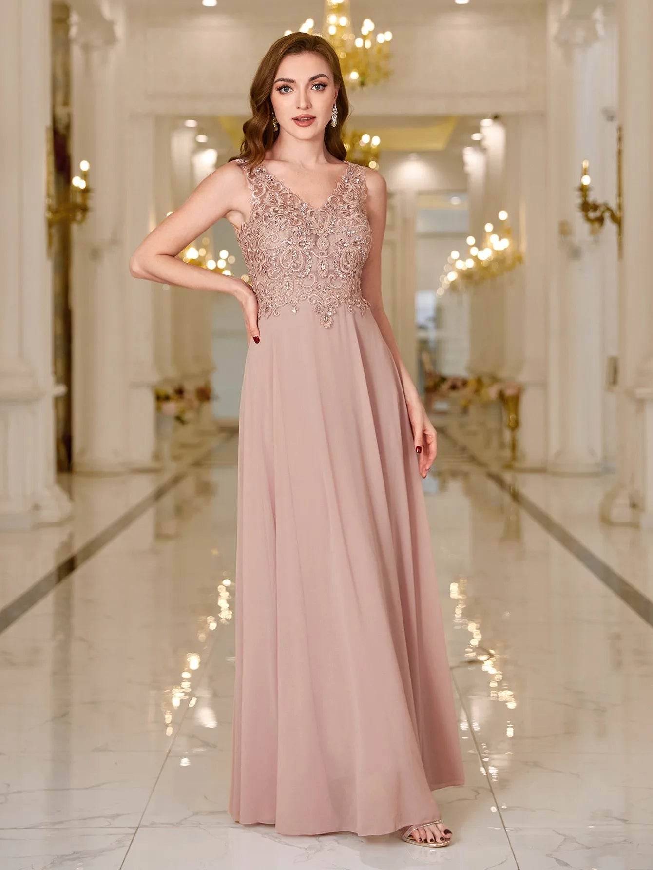 Elegant 3 Colors Evening Dress - V-Neck Lace Beaded Party Gown - Buy Center UK