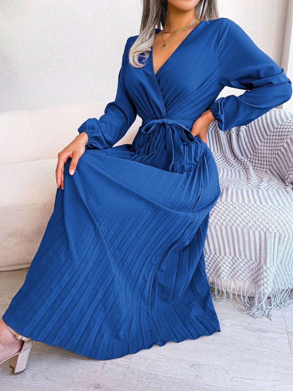Buy Center Women’s Elegant V Neck Maxi Dress - Long Sleeve & Pleated - Buy Center UK