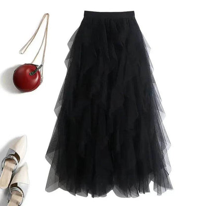 Buy Center High-Waisted A-Line Mesh Skirt - Ruffle Edge Puff Design - Buy Center UK