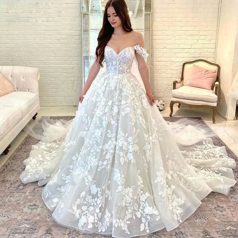 Buy Center Off-The-Shoulder Lace Appliques White Wedding Dress - Buy Center UK