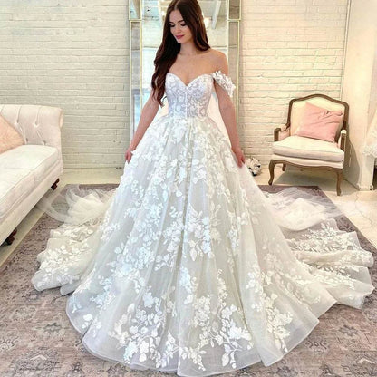 Buy Center Off-The-Shoulder Lace Appliques White Wedding Dress - Buy Center UK