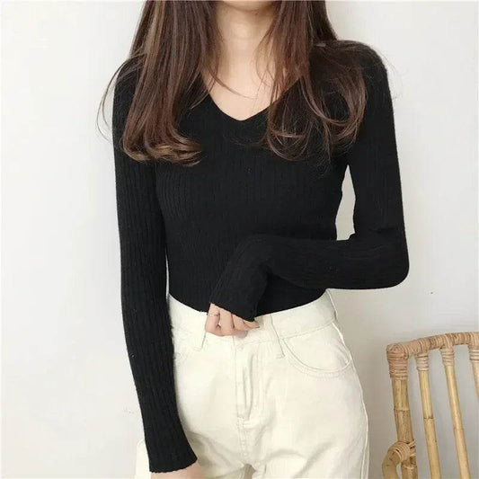 Buy Center Women’s V-Neck Solid Sweater - Slim Fit, Long Sleeves - Buy Center UK