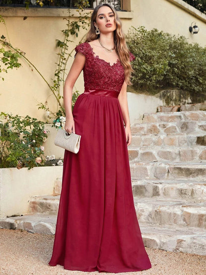 Elegant Burgundy Bridesmaid Dresses - V Neck Chiffon Maxi Gown - Buy Center UK