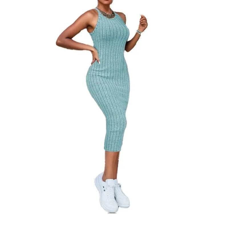 Buy Center Ribbed Midi Dress - Solid Halter Neck Bodycon Style - Buy Center UK