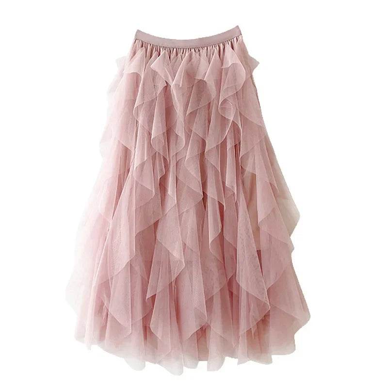 Buy Center High-Waisted A-Line Mesh Skirt - Ruffle Edge Puff Design - Buy Center UK