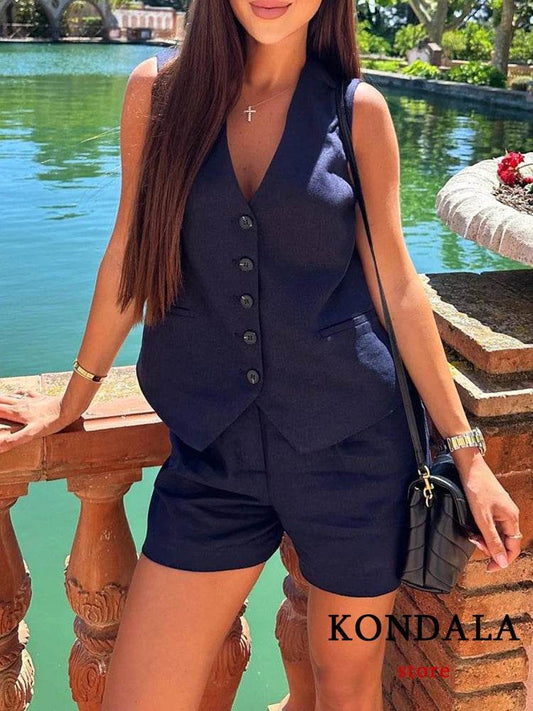TRAFZA Casual Women Suits - V Neck Blazer & Wide Leg Shorts - Buy Center UK