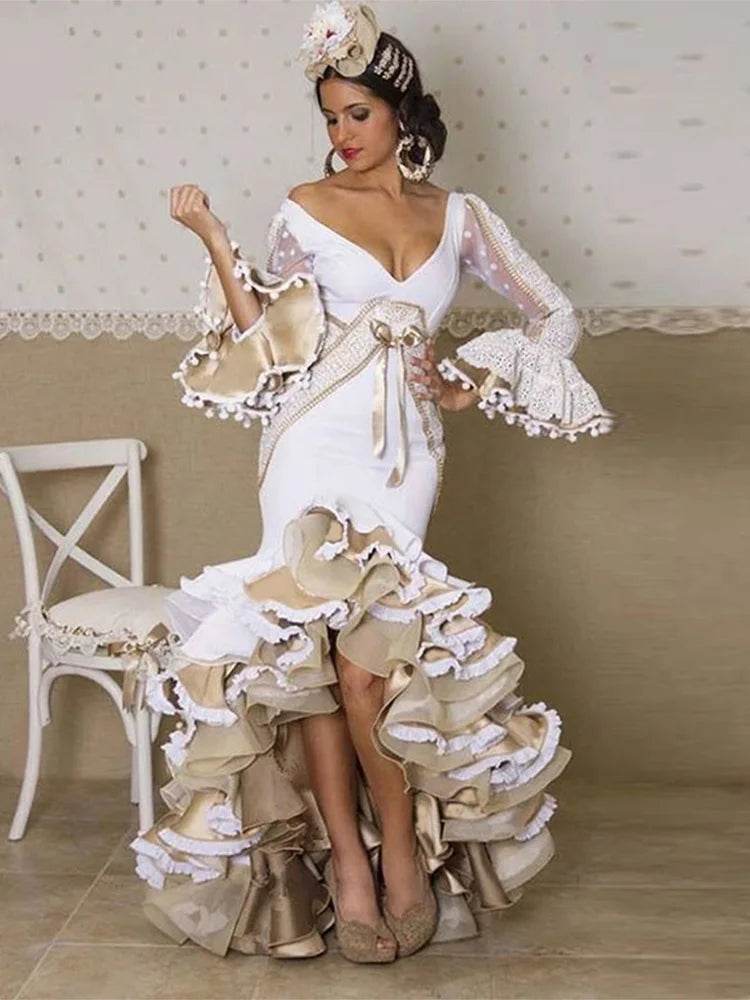 Puff Tiered Ruffles V-Neck Mermaid Gown - Elegant Evening Dress - Buy Center UK