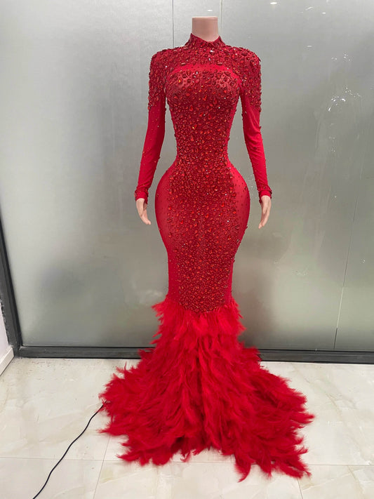 Buy Center Women’s Sparkling Red Long Dress - Feather & Transparent Elegance - Buy Center UK