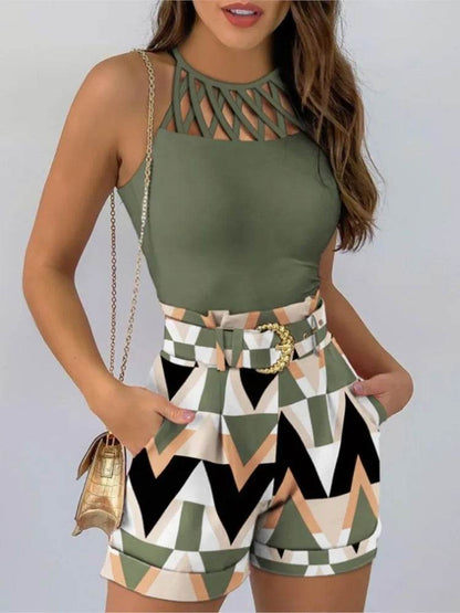 Summer Women's 2-Piece Set - Stylish Hollow Cut Tank & Shorts - Buy Center UK