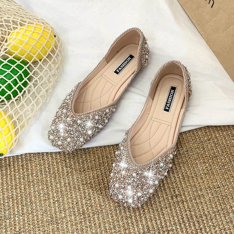 UETEEY Glitter Pearl Studs Ballet Flats - Cozy Slip-On Loafers - Buy Center UK