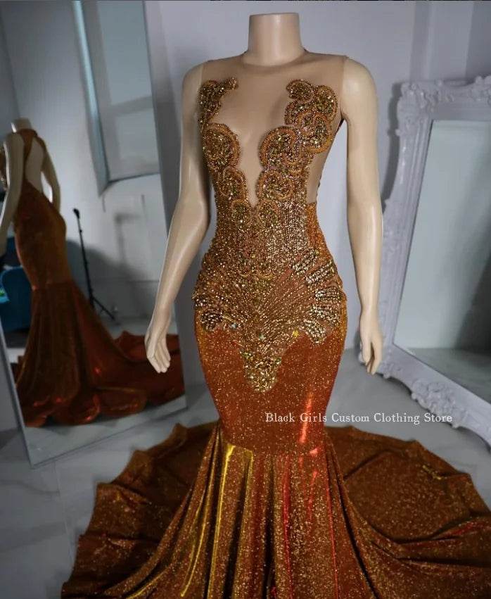 Sparkling Deep Orange Prom Dress - Custom Diamante Applique Gown - Buy Center UK