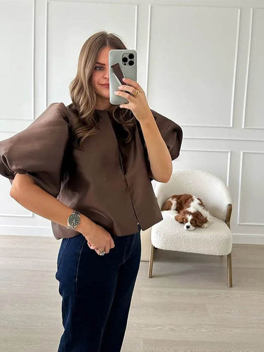 Buy Center Women's Solid Satin Blouse - Pouf Balloon Sleeves, Loose Fit - Buy Center UK