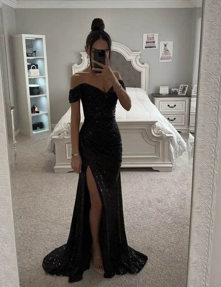 Chic Off-Shoulder Sequin Maxi Dress - Elegant Mermaid Gown 2025 - Buy Center UK