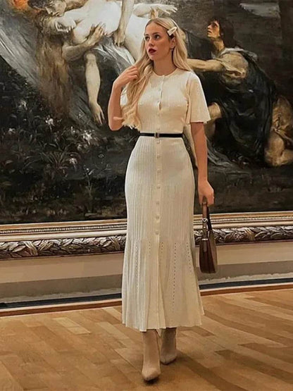 Elegant Knit Solid Women's Dress - High Waist, Short Sleeve O Neck - Buy Center UK