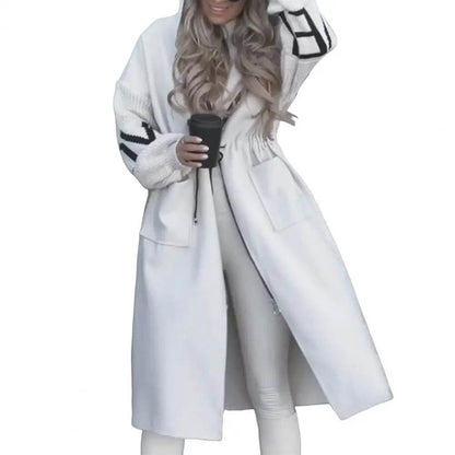 Women's Long Hooded Coat - Patchwork Sleeves & Drawstring Waist - Buy Center UK