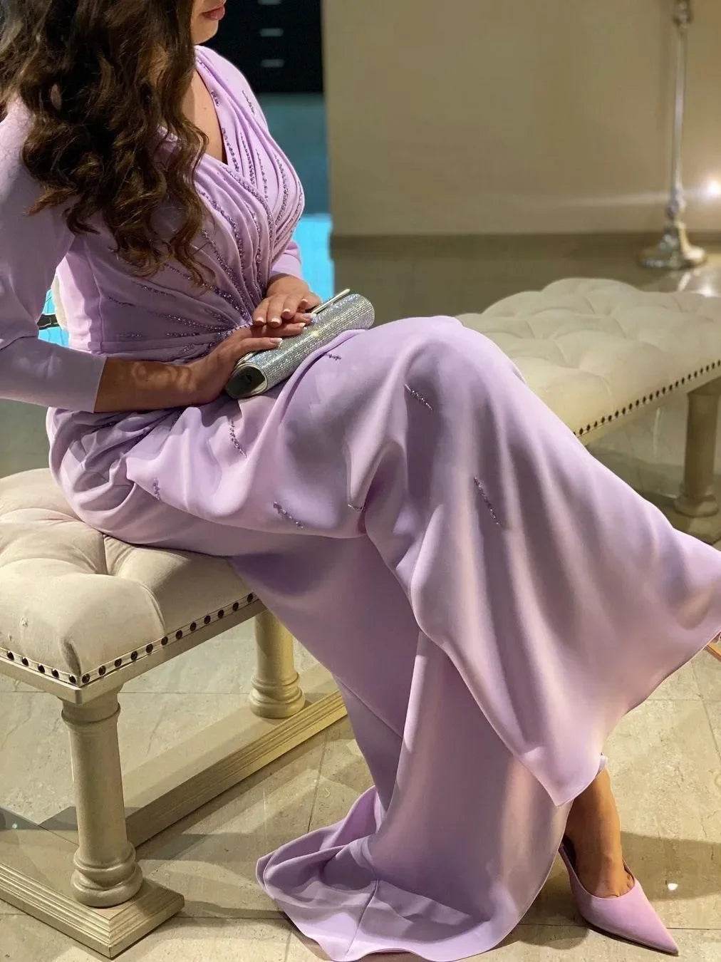 Oisslec Elegant Evening Gown - V-Neck Beaded Long Sleeve Dress - Buy Center UK