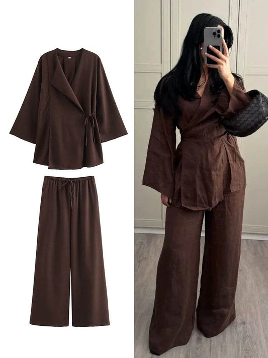 TFMLN Women's Kimono Style Set - Fashion Linen Tops & Wide Leg Pants - Buy Center UK