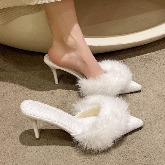 Buy Center Faux Fur Mules Slippers - Pointed Toe, Thin Heels - Buy Center UK