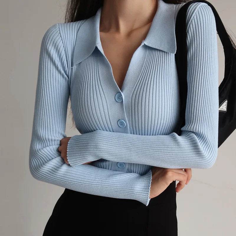 Buy Center Women's Autumn Cardigan - Stylish V-Neck Knitwear in Blue, White, Green - Buy Center UK