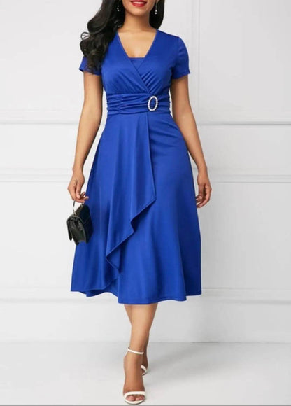 Elegant Summer Midi Dress - Women’s V Neck Asymmetric Hem Style - Buy Center UK